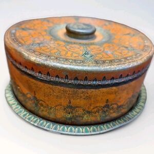 Shabby Antique Metal Cake Taker/Biscuit/Cookie Tin Very Worn Distressed Cottage